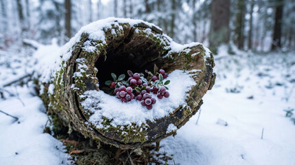 Groundhog Day Winter Scene: Frosted Red Berries in a Snowy Hollow Log, Symbolizing Nature's Resilience Amidst the Cold Forest Landscape