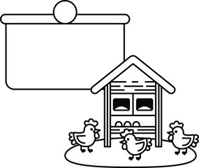A white and black picture of three chickens and a chicken house © toonsteb