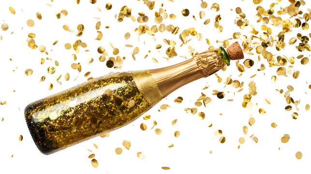 A splashing bottle of champagne with a popping cork explodes in a gold bubble spray against a black background for a New Year celebration beverage
