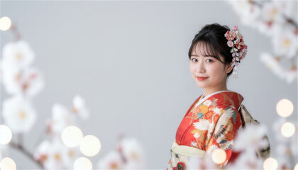 梅の花越しに微笑む振袖姿の日本人女性