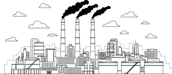 Obraz premium Industrial City Factory Line Illustration Showing Urban Skyline, Manufacturing Plants, Smokestacks, Air Pollution, Environmental Impact and Industrial Infrastructure Concept