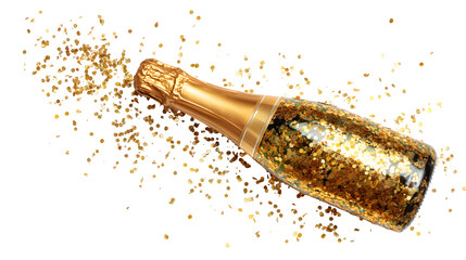 An isolated champagne bottle with a gold cork pops to celebrate a New Year holiday party with a splashing bubble explosion and liquid toast for a festive celebrationAn isolated champagne bottle