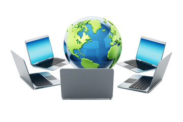 Laptop computers standing around the globe on transparent background. 3D illustration