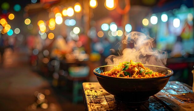 Bowl of wedang ronde on wooden table at night with warm street light