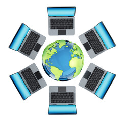 Laptop computers standing around the globe on transparent background. 3D illustration