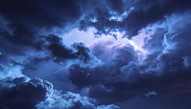 Dramatic storm clouds with lightning strike and thunderous skies, natural weather event captured, thunder,.