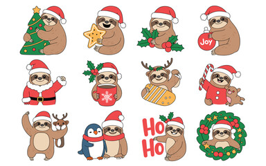 Fototapeta premium Cute Sloths Celebrating Christmas with Holiday Decorations and Gifts