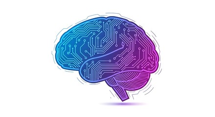 Vibrant brain illustration with circuit board design and purple blue gradient