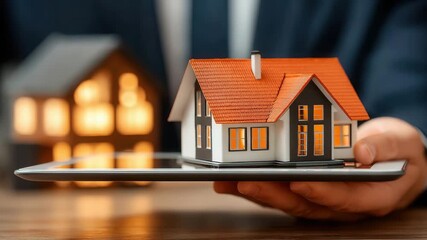 Person holding tablet with 3D house model on screen