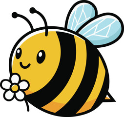 Cute cartoon bee vector illustration. A happy, round bumblebee character holding a small white flower, featuring bold outlines, yellow and black stripes, and light blue wings.
