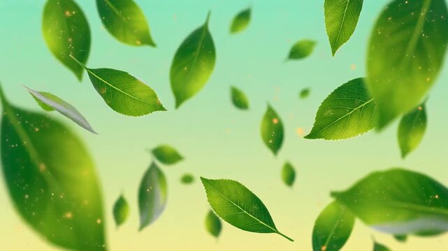 Vibrant green leaves gently falling with sparkling particles against a soft gradient background.
