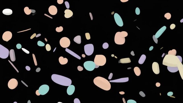 Abstract pattern of pastel-colored confetti-like shapes scattered on a black background.