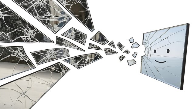 Shattered Mirror Fragments Flying Towards a Broken Screen with a Sad Face