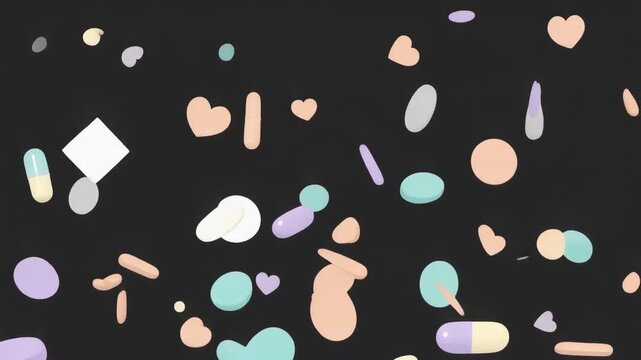 A vibrant collection of pastel-colored pills, candies, and abstract shapes scattered on a dark background.