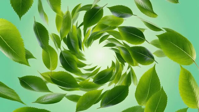Green leaves swirling in a dynamic spiral pattern against a fresh light green background, symbolizing nature and freshness.