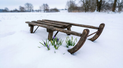 Groundhog Day: Early Spring Flowers Emerge from Snow Beside an Old Sled, Signaling the End of Winter