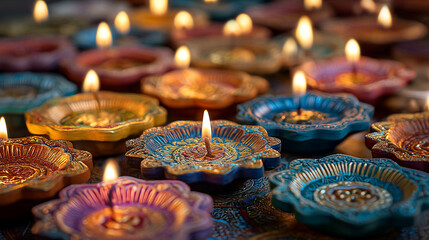 Flower Shaped Decorative Diyas with Lit Wicks for Diwali Festival of Lights