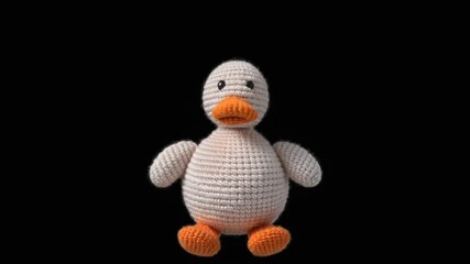 A cute white crocheted duck plush toy with an orange beak and feet, standing against a plain black background.
