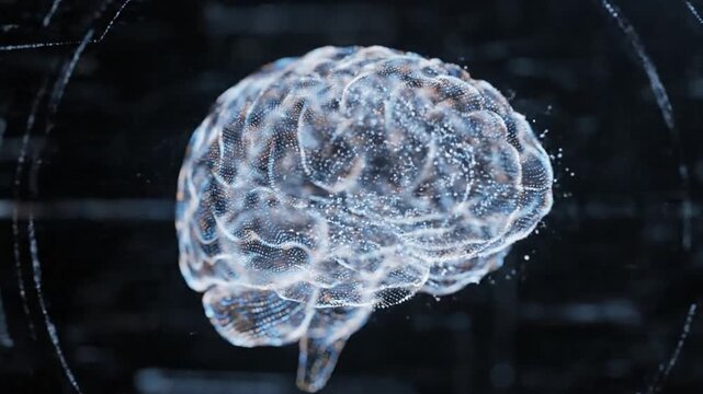 Animated futuristic digital brain wireframe representation with dark background and data streams