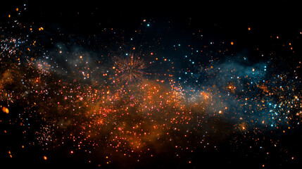 Panoramic view of spectacular fireworks exploding in a night sky, celebrating New Year or event.