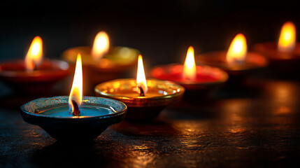 Close-up of vibrant, lit diyas in various colors on a dark surface, symbolizing Diwali.
