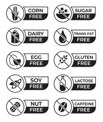 Free From Food Allergy Icons Set &ndash; Sugar Gluten Lactose Nut Free Symbols