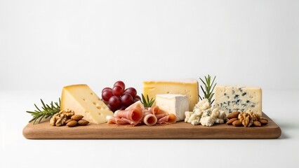 A gourmet cheese and charcuterie board, artfully arranged with artisanal cheeses, fresh grapes, cured meats, and nuts on a wooden platter