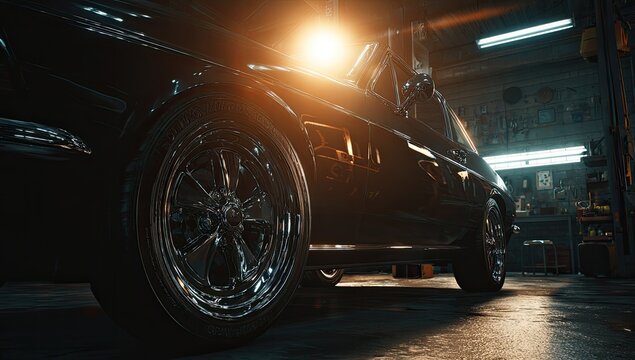 Gleaming black classic car parked inside a dimly lit garage