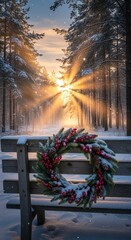 Winter's serene glow: A festive wreath adorns a snow-kissed bench amidst a wintry forest