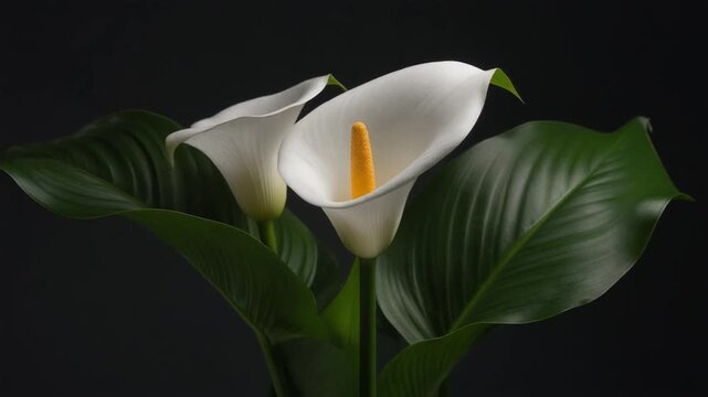 Elegant White Calla Lily Flower with Green Leaves on Dark Background