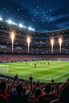 Fireworks light up a soccer stadium under a star-filled night sky, spectators cheer as a pivotal moment unfolds on the pitch, bathed in vibrant stadium lighting and celebratory ambiance.