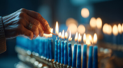 Close up of a hand lighting blue Hanukkah candles on a menorah with a matchstick