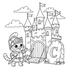Naklejka premium Cat knight and castle coloring page. Cute fantasy medieval alphabet letter C illustration. Brave kitten warrior standing in front of a stone castle with a sword. Sheet for kids