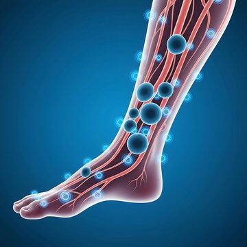 Restless Legs Syndrome (RLS) - Dopaminergic Dysfunction: A lower leg nerve cluster with small, kinetic, vibrating blue energy fields around the nerves, representing the irresistible urge to move, caus