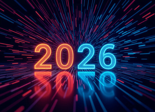 The futuristic 2026 number in vibrant light, set against a dynamic background of converging lines. this image gives the sense of innovation, technological advancement.