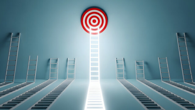 many ladders lead to a glowing target on the wall