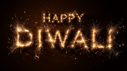 Happy Diwali Greeting Message Created with Bright Sparklers on Black Background
