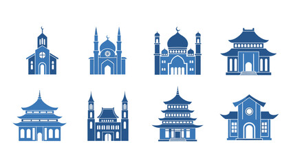 Fototapeta premium A collection of diverse religious buildings, including mosques, churches and other worship structures, displayed with artistic flair
