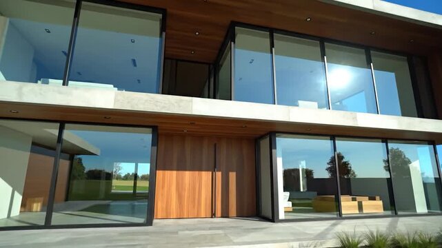 Modern luxury house with concrete, wood cladding, large glass windows, green lawn, clear sky