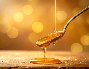 Close-up of golden liquid pouring from a spoon onto wooden surface