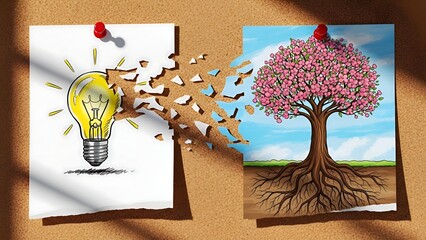 Transformation of a bright idea into a flourishing tree concept art