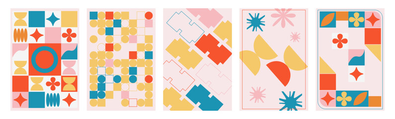 Obraz premium A set of geometric posters in a retro brutalist style. Colorful abstract shapes in the background. Vector illustration.