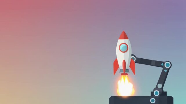 Cartoon rocket launching from a robotic arm with flames, against a soft gradient background.