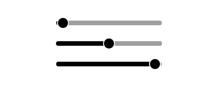 Range slider UI element. Settings slider control with 0% , 50%, 100% range. Horizontal Volume and brightness slider for SaaS dashboard , App settings range control, modern user interface design
