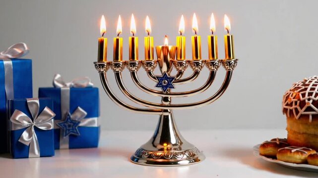 Hanukkah holiday with festive star cake menorah candelabrum candles dreidel sweet dessert pastry gifts traditional jewish festival symbols flat vector illustration isolated on white background
