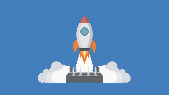 A cartoon rocket launching with smoke against a blue sky, symbolizing startup and progress.