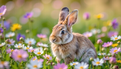 A rabbit sitting among colorful flowers in a sunny meadow.