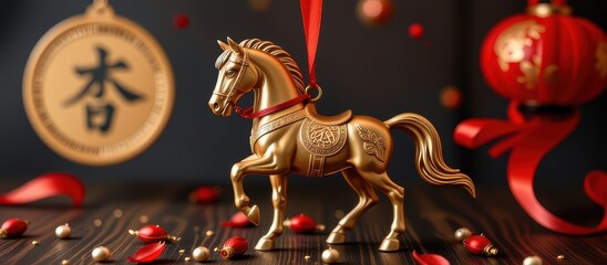 Golden horse figurine with festive decorations and symbols.