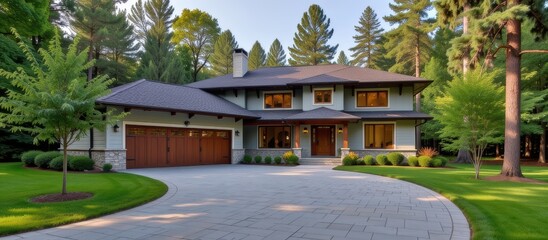 Modern house surrounded by trees and a paved driveway.
