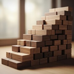 Wooden block arrangement forming ascending staircase, symbolizing progress and incremental growth